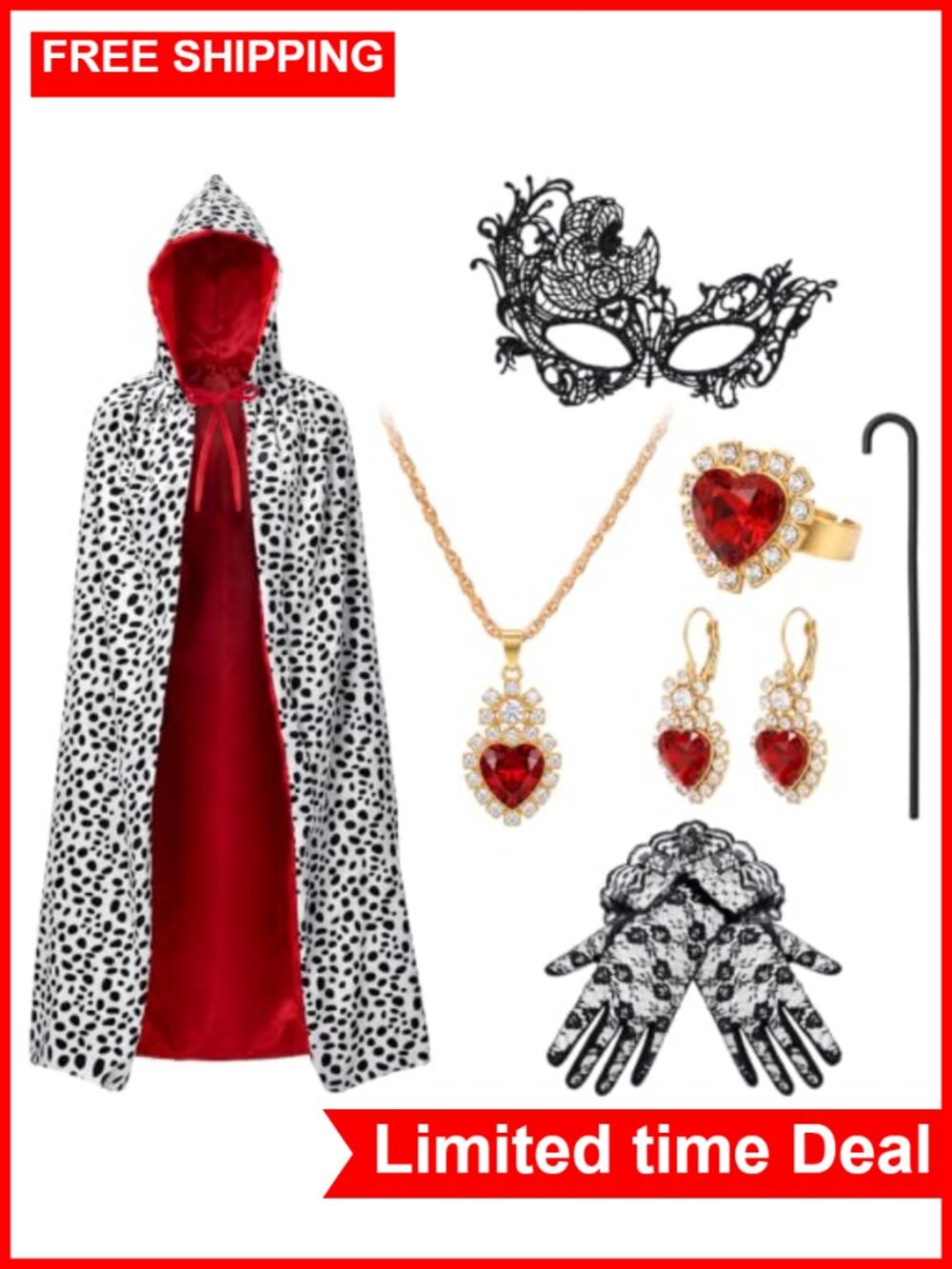 Dalmatian Costume Accessory Set Women Halloween Cosplay Cape Gloves Mask